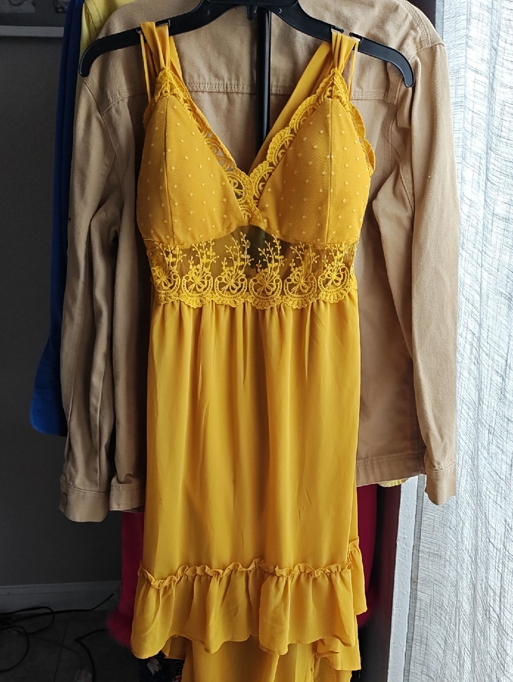 BCBG Paris Yellow Lace-Trim Midi Dress